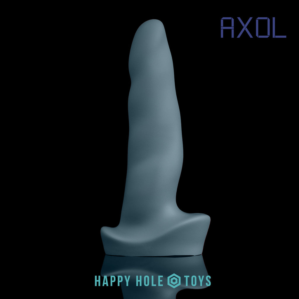 An Axol dildo in Fjord, a lighter blue with grey undertones, on a black background. More in product description.