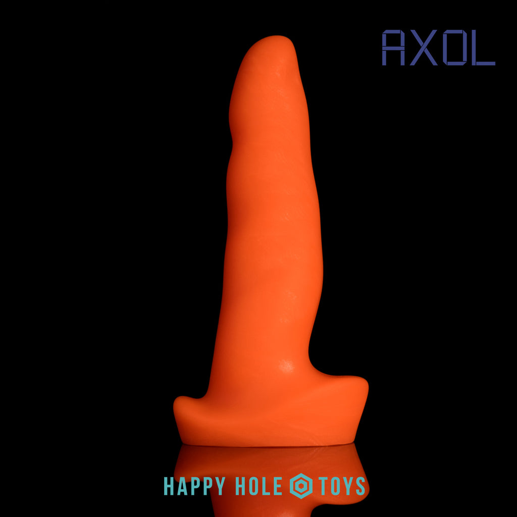 An Axol dildo in UV Sparkle Orange, a vibrant orange with mica swirls, on a black background. More in product description.