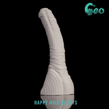 A Geo dildo in Tapioca, a soft, clean white, on a black background. More in product description.