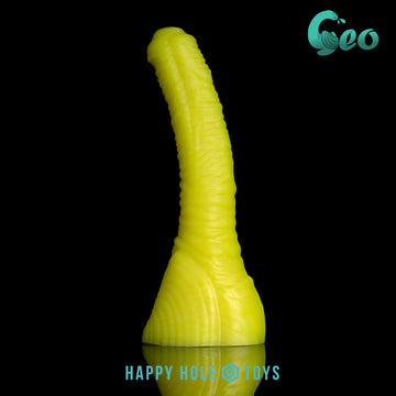 A Geo dildo in UV Sparkle Yellow, a vibrant yellow with mica swirls, on a black background. More in product description.